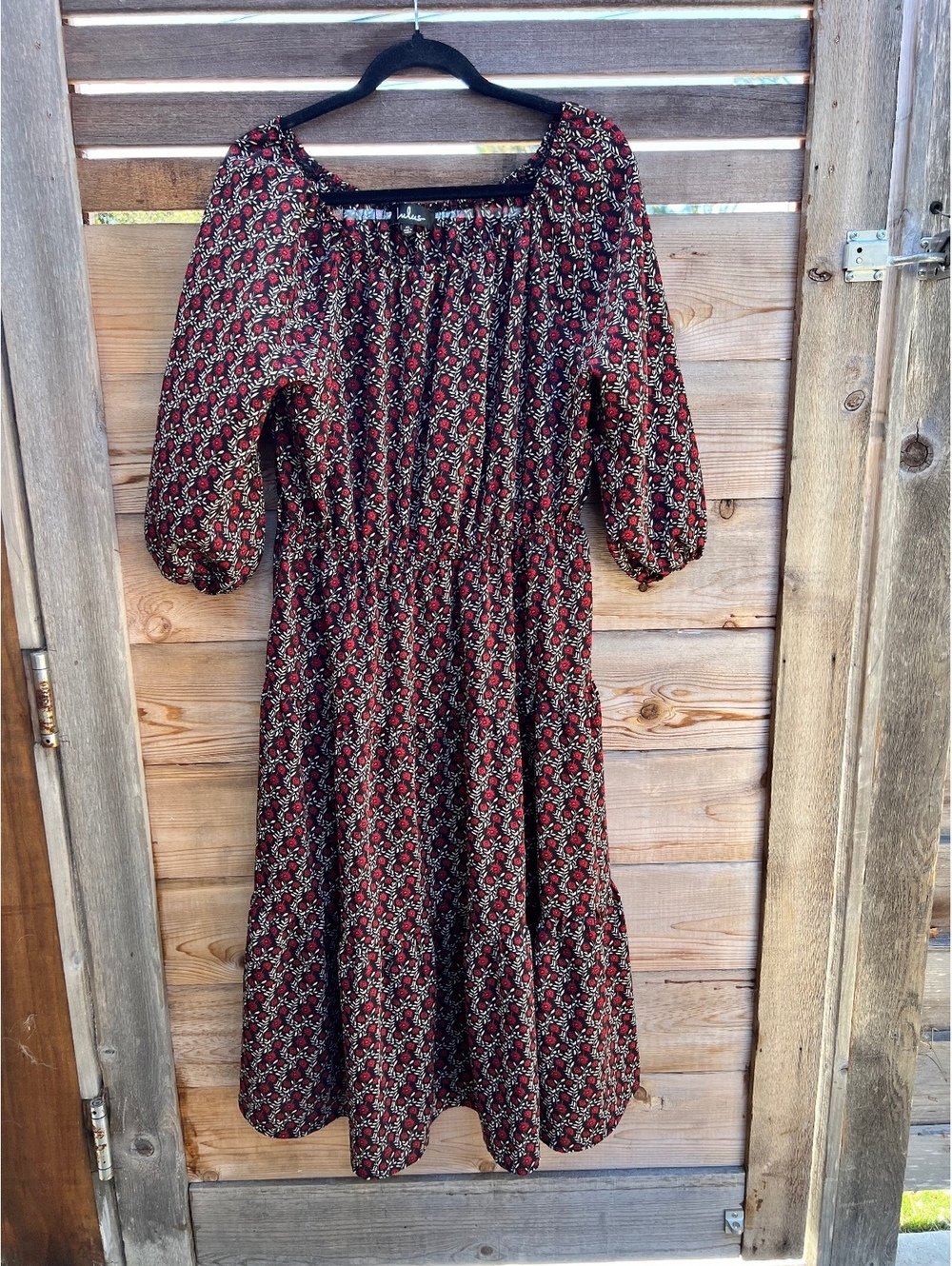 Lulus XL Floral Print Midi Dress with Elastic Waist and Puff Sleeves